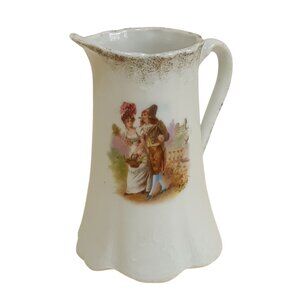 Vintage Porcelain Small Pitcher with Romantic Victorian Scene Granny Cottage